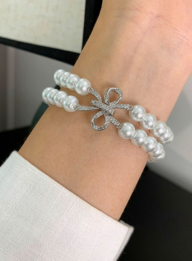 双层白色珍珠手链女小众蝴蝶结