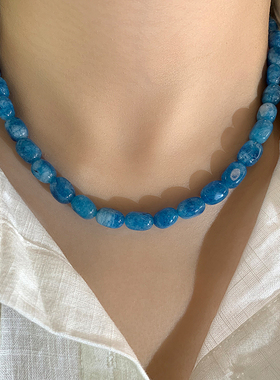 蓝色玉髓项链女天然石串珠小众