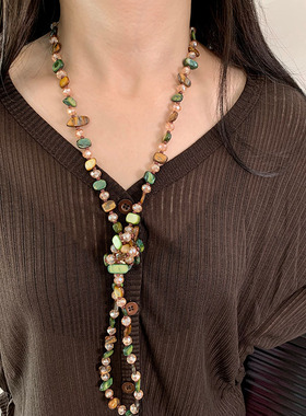 波西米亚风项链女绿色贝壳双层锁骨链度假复古高级感小众毛衣链