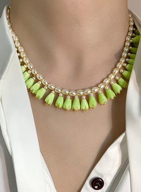 原创设计清新郁金香花朵珍珠项链