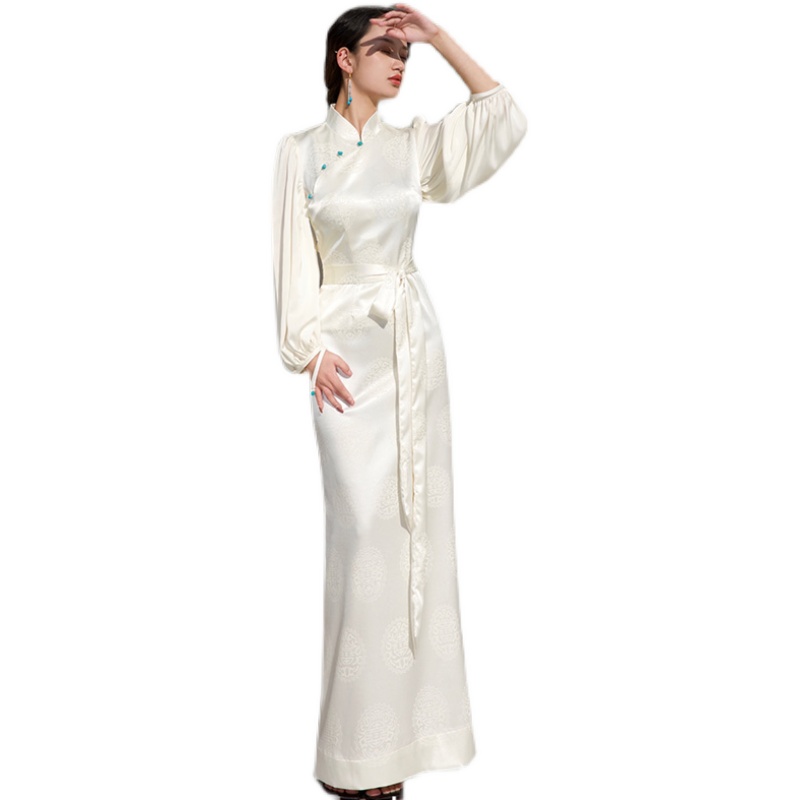 吉玛娜藏装原创白色博拉裙高级藏服日常拉萨服立领修身款女式 - 图3