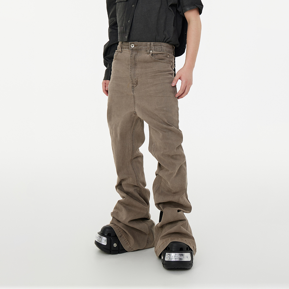 ASTT24SS水洗做旧喷砂沙漠色压褶修身弹性堆积飘带拖地喇叭牛仔裤 - 图1