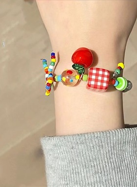 苹果乐园彩色多巴胺串珠蝴蝶结项链女款可爱甜美小众设计锁骨链