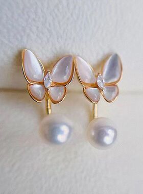 7-8mm天然淡水珍珠耳钉女贝壳蝴蝶耳钉耳坠耳环两戴S925银针批发