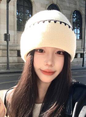 保暖帽子锁边白色毛线帽女秋冬季韩系加厚休闲百搭针织冷帽1008e