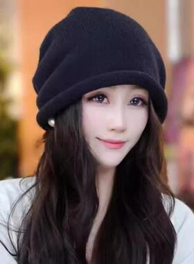 显脸小冷帽女秋冬韩系卷边抽绳针织堆堆帽子大头围防寒保暖1017e