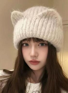 保暖帽子红色针织猫耳女款2026新款秋冬护耳可爱显脸小毛线1007e