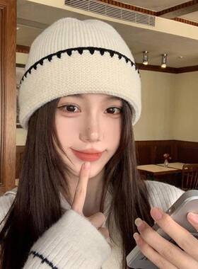 保暖帽子韩系锁边白色毛线帽女秋季2026新款加厚休闲冷帽护1007e