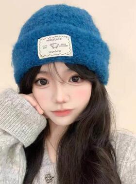 显脸小冷帽女秋冬韩系圈圈绒蓝色毛线帽子百搭针织帽保暖护1017e