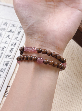 普陀山金丝檀木手串新中式佛珠木质手链国风双圈叠戴转运好运文玩