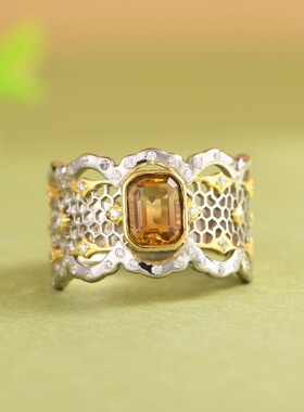 春锋似瀚s925银镀金微镶镂空蜂窝镶嵌黄水晶气质优雅开口戒指手饰