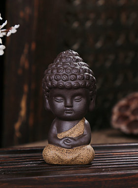 陶瓷茶宠小佛像汽车摆件紫砂工艺品彩砂陶桌面茶盘摆设小如来摆件