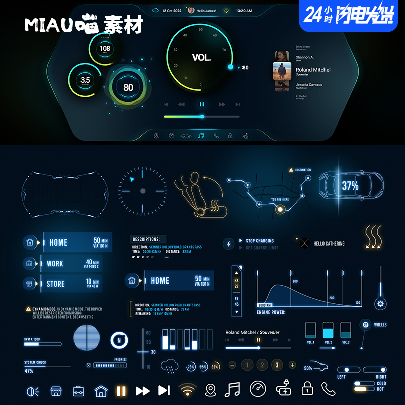 可视化组件汽车仪表盘UI车载HMI三套含210个独立组件矢量PSD格式 - 图1