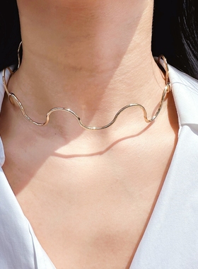 欧美小众外贸饰品时尚夸张珍珠项圈波浪线条项链镂空花朵手镯V253