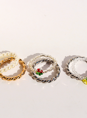 两组套装外贸饰品樱桃菠萝弹力圈珍珠串珠戒指麻花螺旋指环女V333