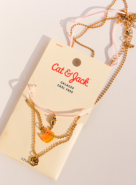 外贸饰品三组套装金箔亮片猫咪爪印叠戴项链时尚闪钻圆形耳钉432