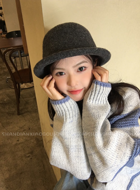 灰色卷边圆顶小礼帽*女秋冬款时尚大头围渔夫帽子女盆帽