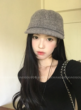 闪电小狗软顶羊毛马术帽*平顶气质毛呢百搭黑色复古时尚冬季帽子