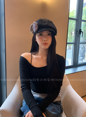 【亚麻花朵褶皱帽】报童帽子女春秋薄款文艺大头围贝雷帽