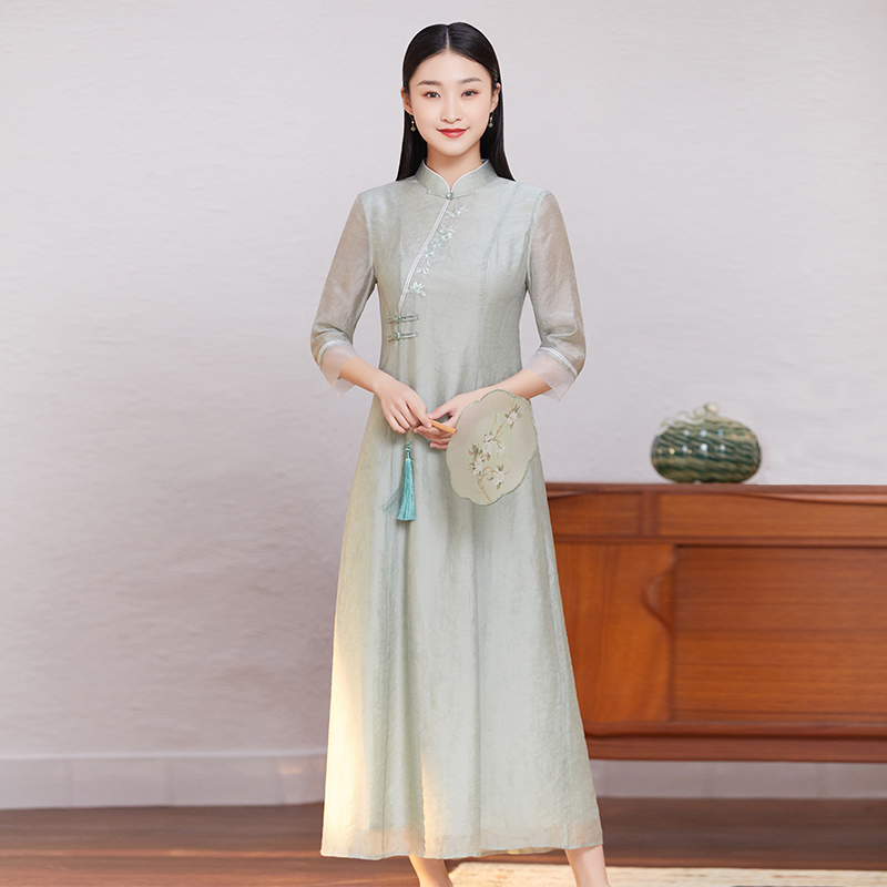 茶服女夏茶艺师中式改良旗袍连衣裙 森莲连衣裙