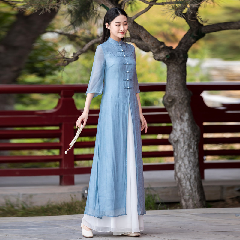 禅意茶服文艺汉服中国风旗袍连衣裙 森莲上衣