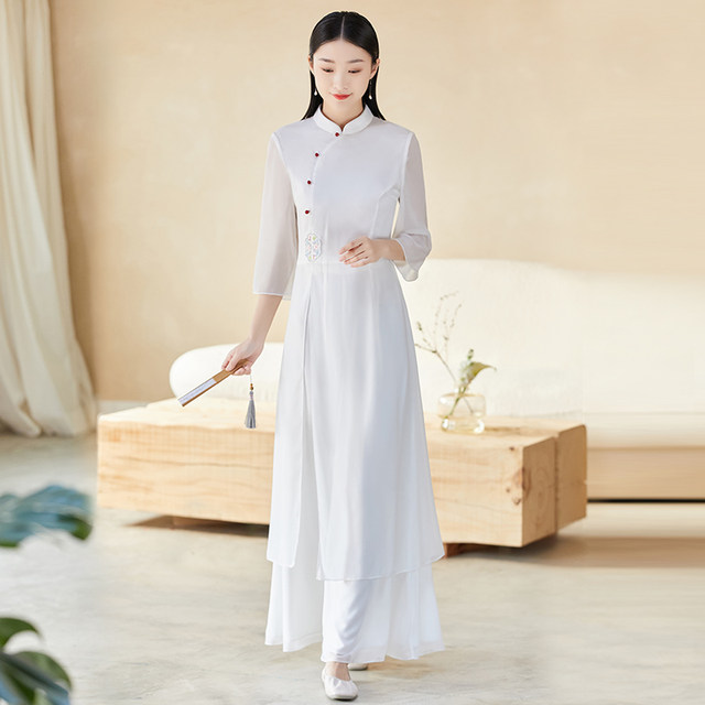 Summer Tea Artist Clothing Zen Women Cotton and Linen Two-Piece Suit Retro  Chinese Style Buddhist Clothes Female (Color : White Suit, Size : Medium)