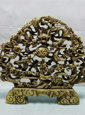 黄铜九龙壁摆件店铺办公桌客厅家居铜金属工艺装饰品铜制精美工艺