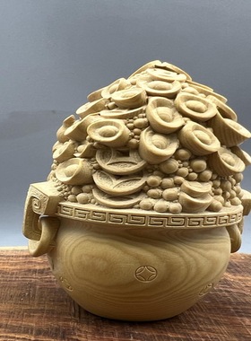 小叶黄杨木雕刻手把件百福聚宝盆创意招财进宝装饰品摆件家居车载