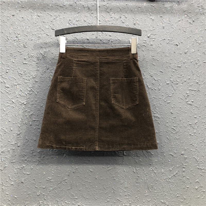 艾天丽旗舰店高腰灯芯绒半身裙女春秋新款港味复古显瘦咖啡色a字包臀短裙1