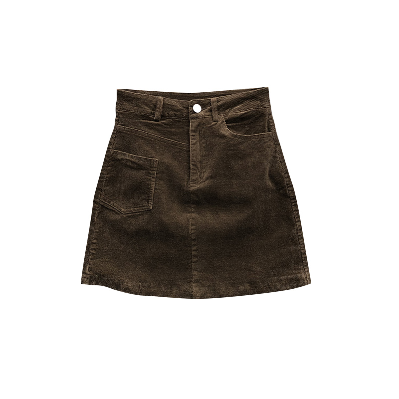 艾天丽旗舰店高腰灯芯绒半身裙女春秋新款港味复古显瘦咖啡色a字包臀短裙3