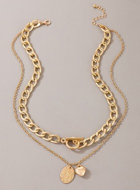 欧美跨境新款饰品复古爱心圆片项链粗链条重金属朋克双层锁骨链女