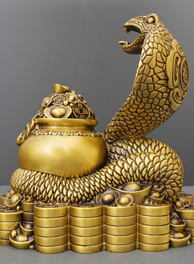 福蛇聚财黄铜生肖蛇聚宝盆蛇福蛇家居吉祥物工艺礼品摆件桌面摆件