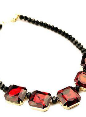 欧美复古串珠方块宝石吊坠短款锁骨链简约大方百搭礼服项链饰品女