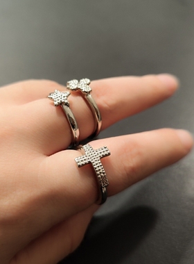 日韩版潮流新款十字架碎钻两面带戒指时尚简约百搭小众设计感指环