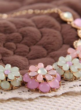 日韩流行时尚猫眼石花朵锁骨链项链女甜美淑女冰淇淋糖果色锁骨链