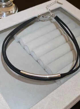 双层黑色弧形choker项圈女小众设计皮质锁骨链个性简约百搭颈链潮