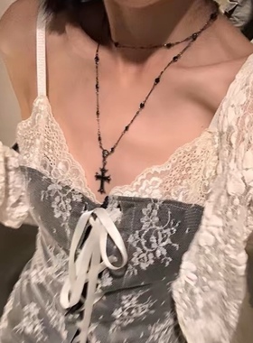 choker黑色十字架项链女夏长款双层叠戴配饰高级感甜酷辣妹锁骨链