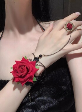 暗黑复古蕾丝玫瑰花戒指手链手环朋克哥特红色lolita圣诞万圣节