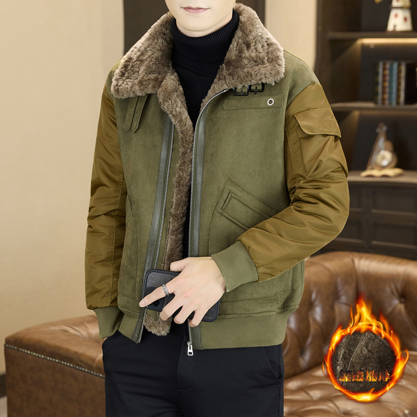 高级感男士皮毛一体外套军绿色毛领夹克加厚保暖防寒棉服帅气皮草,淘宝优惠券,粉丝福利购,淘宝优惠卷