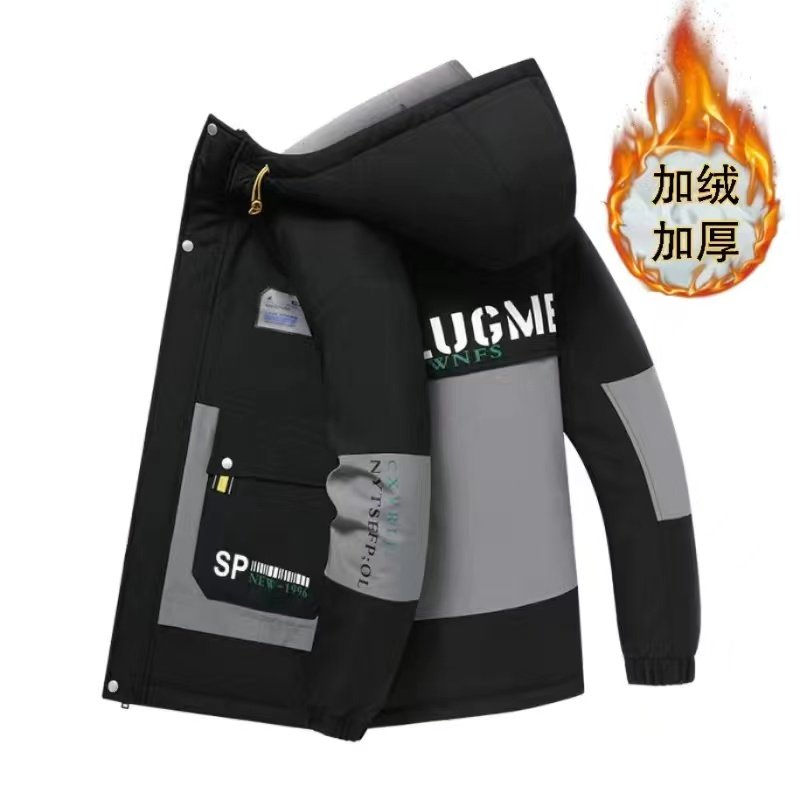 棉衣男秋冬季加绒加厚男士外套青少年潮流拼色印花连帽工装棉服男,淘宝优惠券,粉丝福利购,淘宝优惠卷