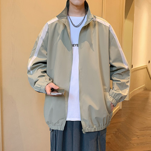 chic早春外套男春秋季新款美式潮牌运动风夹克休闲条纹立领教练服 - 图0
