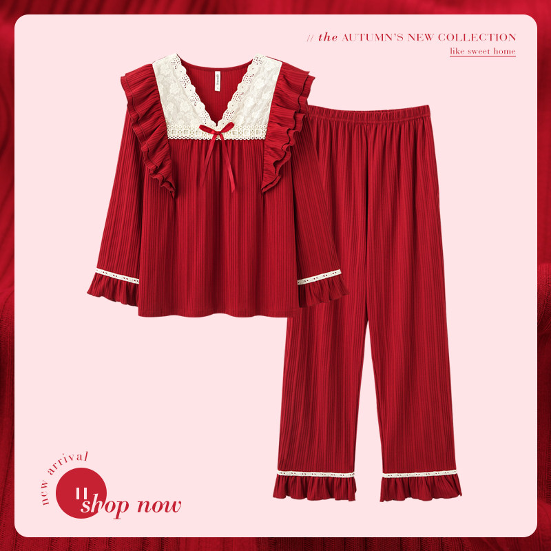 思莉太太情侣春秋款纯棉红色睡衣 思莉太太睡衣/家居服套装