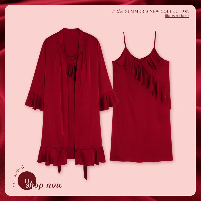 思莉太太情侣夏季冰丝性感红色睡衣 思莉太太睡衣/家居服套装