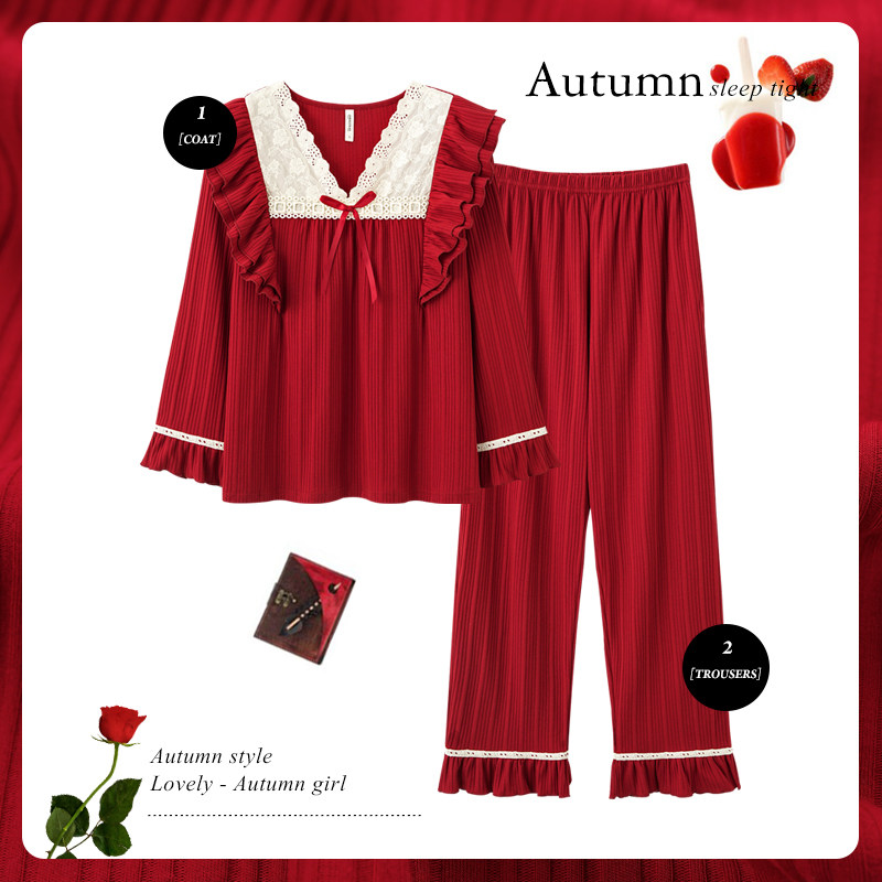 思莉太太情侣春秋款纯棉红色睡衣 思莉太太睡衣/家居服套装