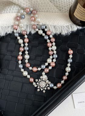 水晶花朵吊坠长款珍珠项链毛衣链