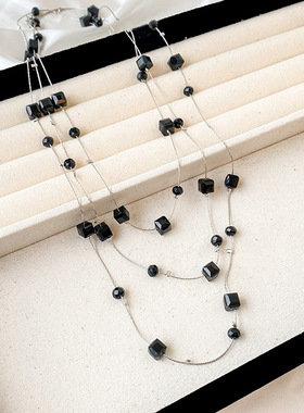 方糖黑金水晶串珠双层项链女挂链