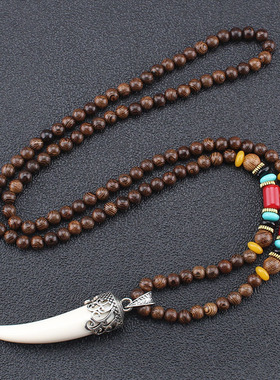 鸡翅木狼牙牛角挂件佛珠项链新品