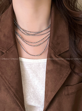 灰色多层叠戴项链女2025新款轻奢高级感小众挂脖长链秋冬毛衣链女