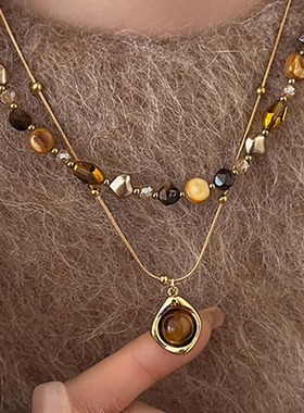 美拉德复古虎眼石珍珠串珠项链女2025新款高级感轻奢小众毛衣链