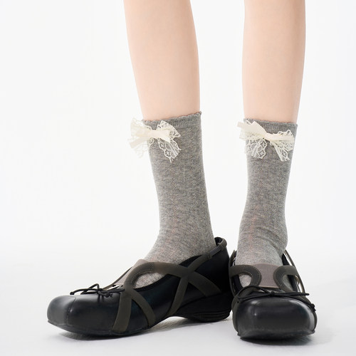 派米蝴蝶结波点花边中筒袜春夏透气网眼堆堆袜miu系少女芭蕾风 - 图0
